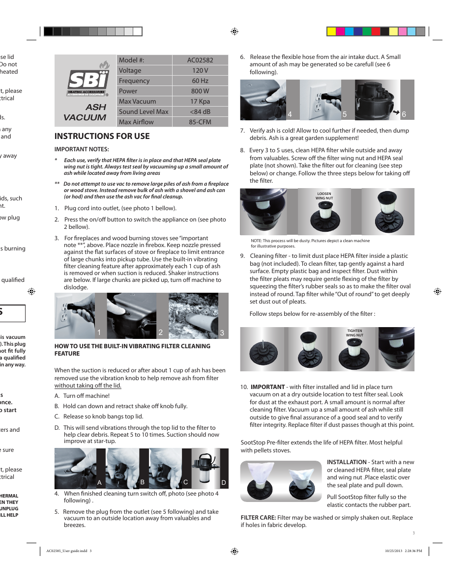 Save these instructions warning, Instructions for use, Ash vacuum | Osburn AC02582 User Manual | Page 3 / 12