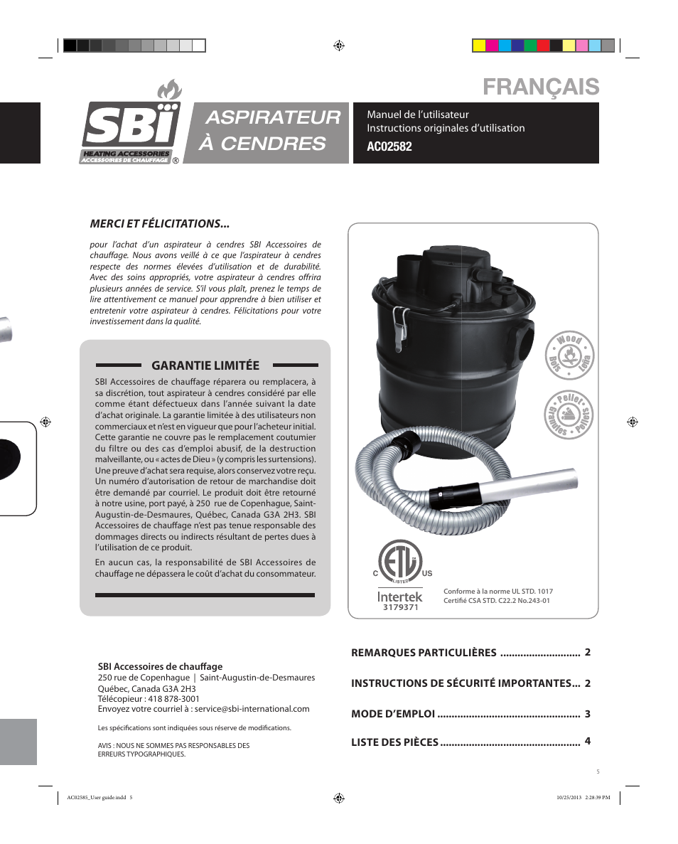 Français, Aspirateur à cendres, Ash vacuum | Garantie limitée | Osburn AC02582 User Manual | Page 5 / 12