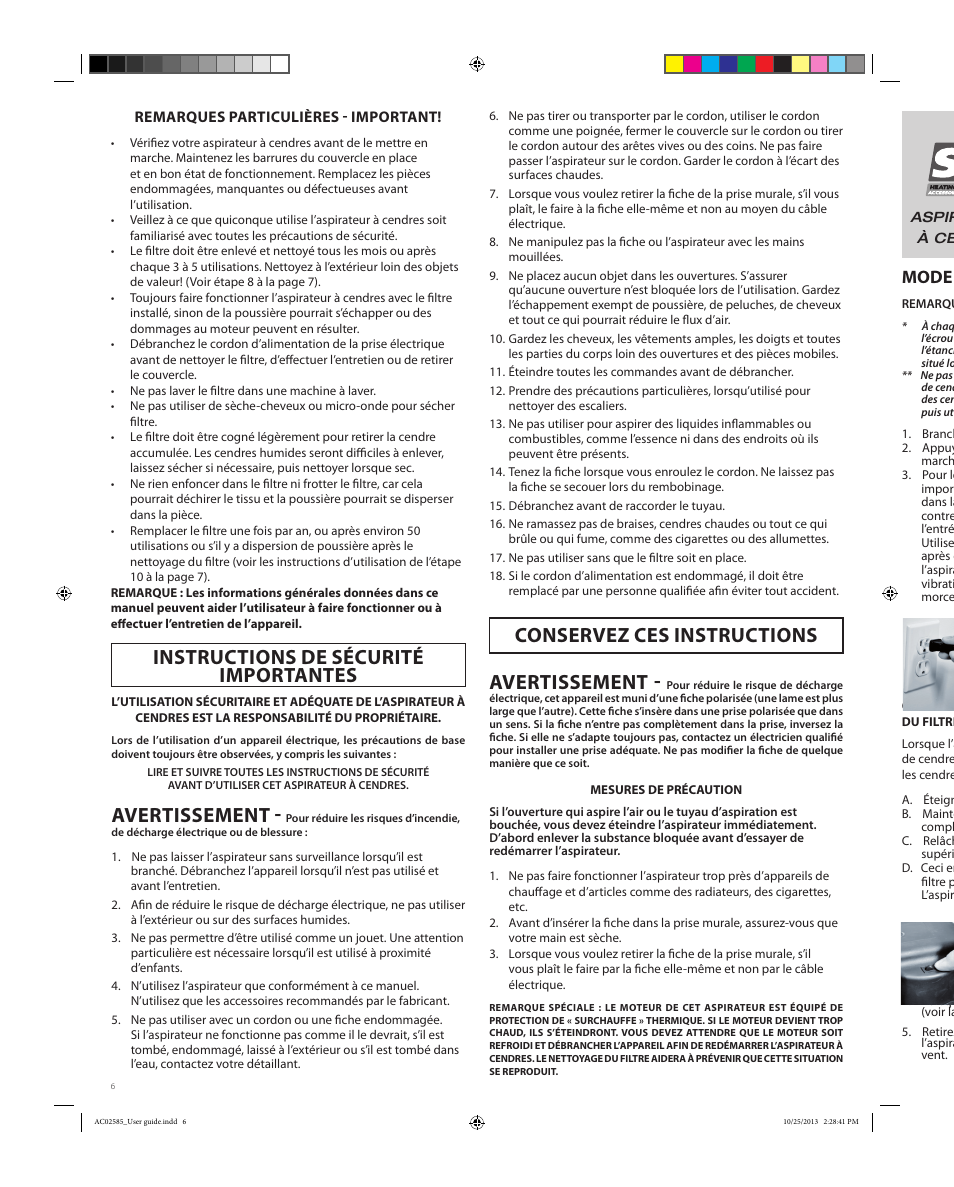Instructions de sécurité importantes, Avertissement, Conservez ces instructions avertissement | Mode d’emploi | Osburn AC02582 User Manual | Page 6 / 12