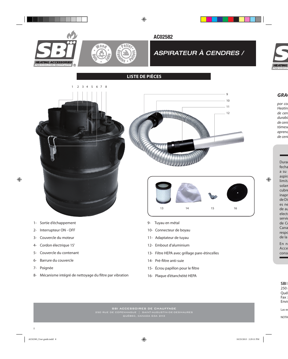 Aspirateur à cendres, Garantĺa limitada, Gracias y felicitaciones | Osburn AC02582 User Manual | Page 8 / 12