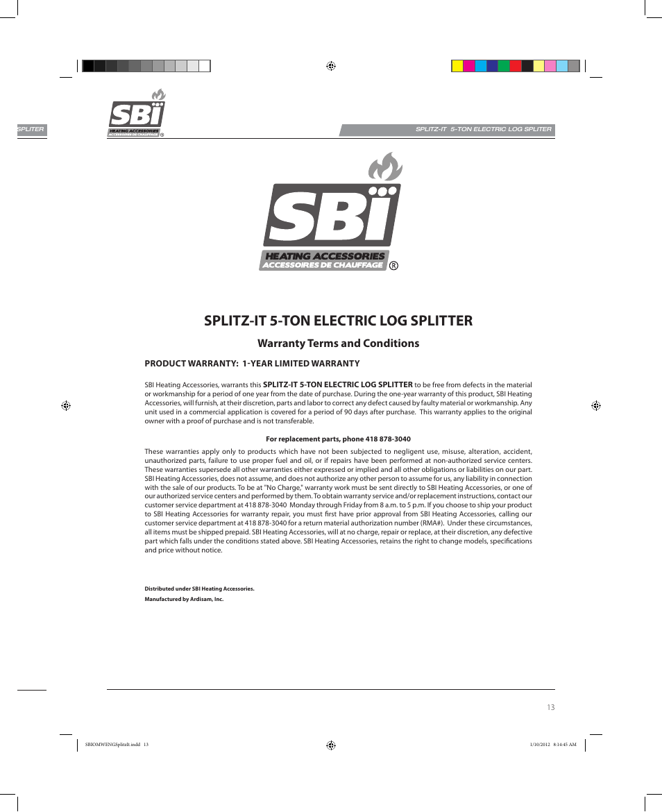 Splitz-it 5-ton electric log splitter, Splitz-it 5-ton electric log splitter parts list, Warranty terms and conditions | Osburn AC02585 User Manual | Page 13 / 16