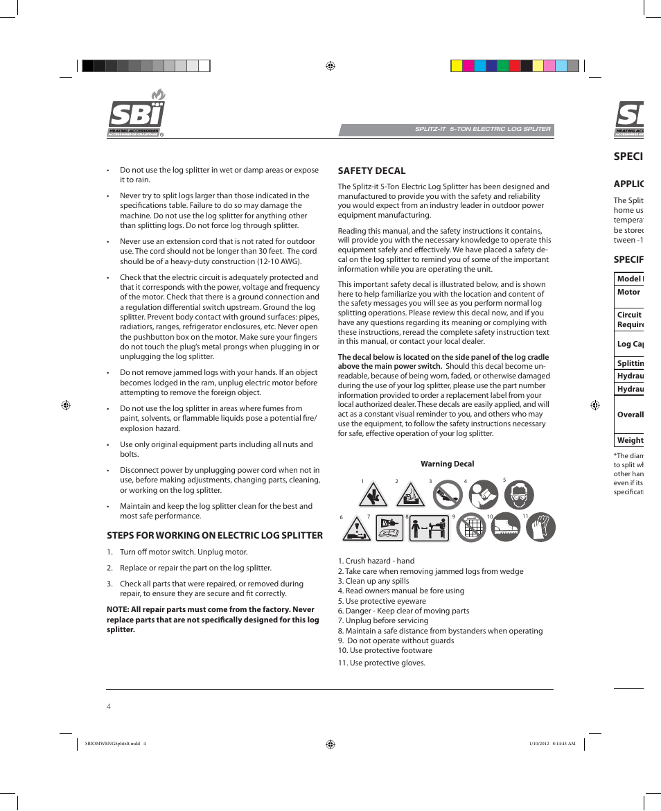 Specifications and electrical requirements | Osburn AC02585 User Manual | Page 4 / 16