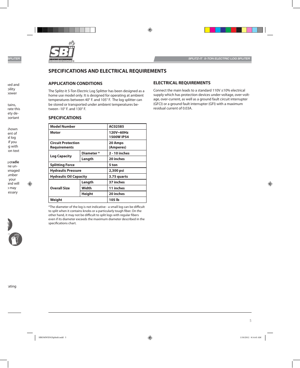 Specifications and electrical requirements | Osburn AC02585 User Manual | Page 5 / 16
