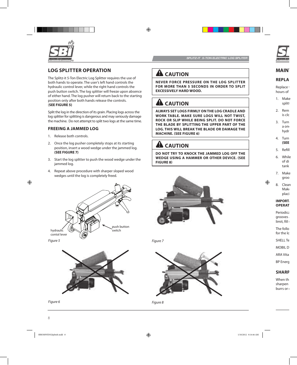 Caution, Log splitter operation, Maintenance | Osburn AC02585 User Manual | Page 8 / 16
