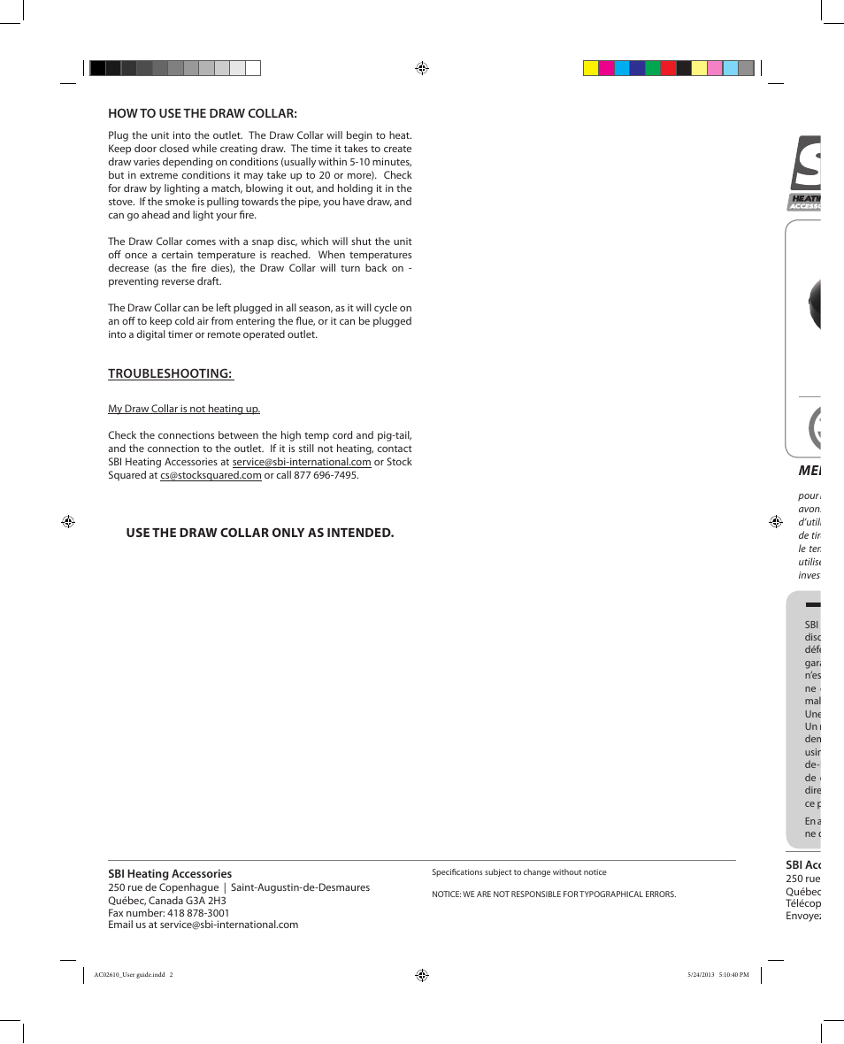 Garantie limitée, Merci et félicitations | Osburn AC02610 User Manual | Page 2 / 6