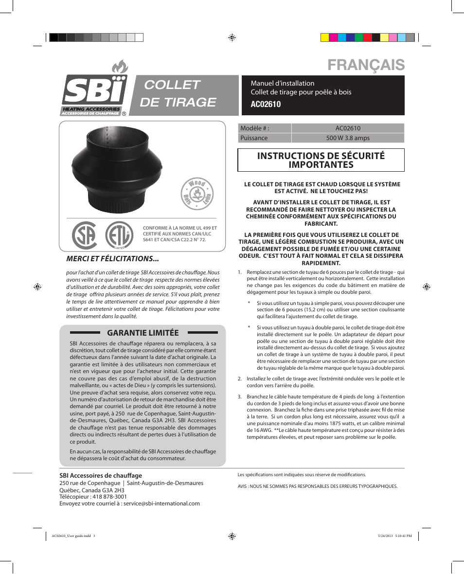 Français, Collet de tirage, Instructions de sécurité importantes | Garantie limitée, Merci et félicitations | Osburn AC02610 User Manual | Page 3 / 6