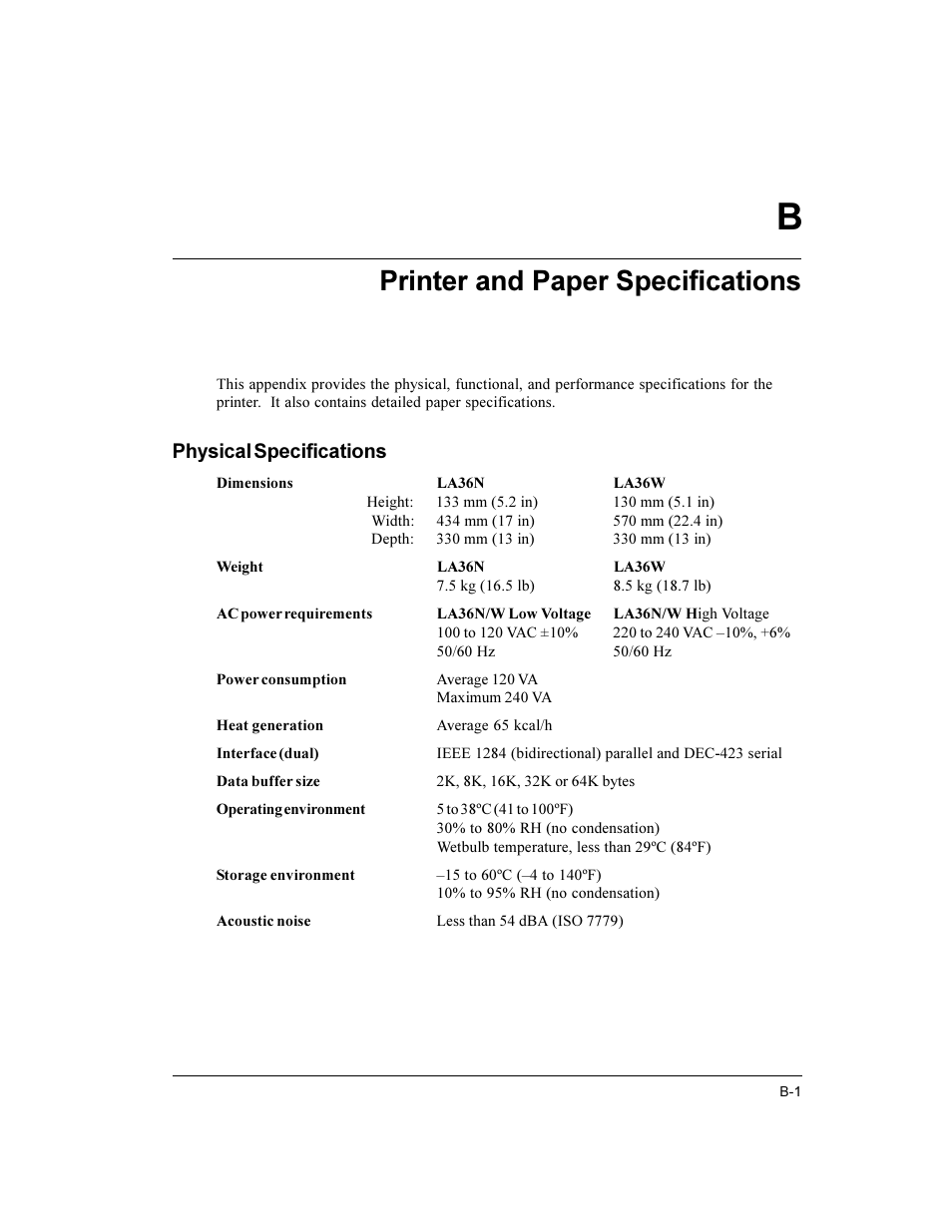 Printer and paper specifications, Physical specifications | Compaq LA36 User Manual | Page 107 / 196
