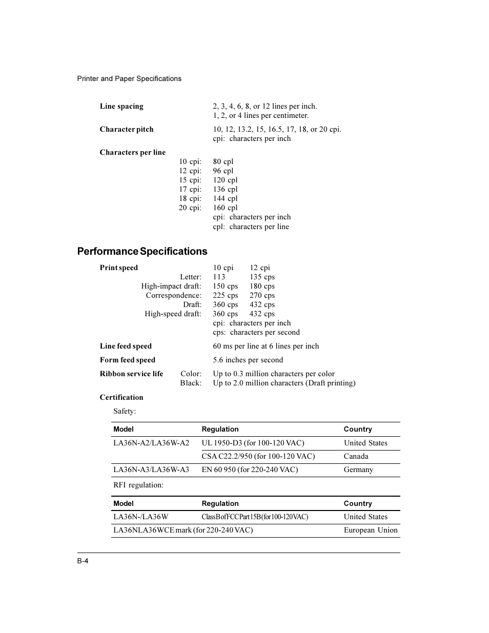 Performance specifications | Compaq LA36 User Manual | Page 110 / 196
