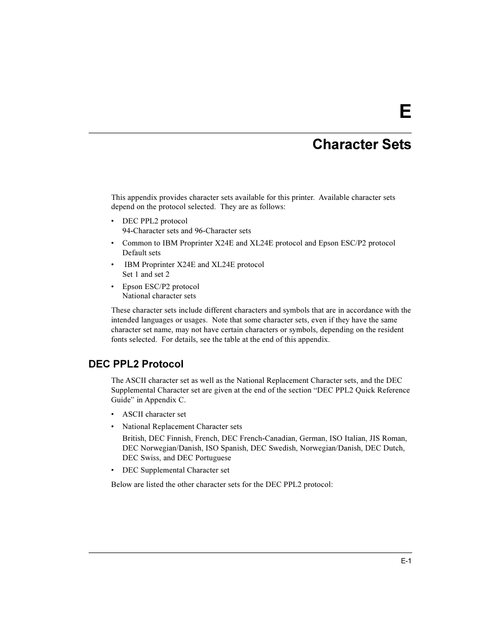 Character sets, Dec ppl2 protocol | Compaq LA36 User Manual | Page 155 / 196