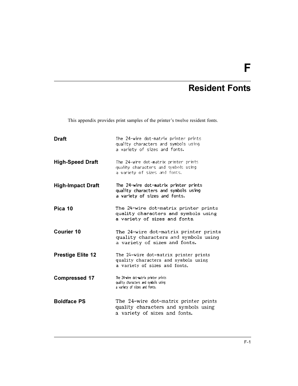 Resident fonts | Compaq LA36 User Manual | Page 183 / 196