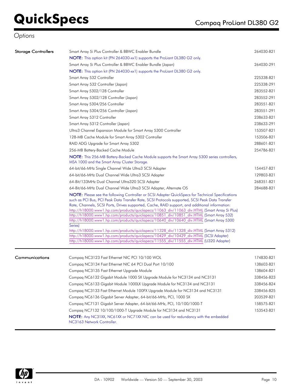 Quickspecs, Compaq proliant dl380 g2, Compaq proliant dl380 g2 options | Compaq DL380 G2 User Manual | Page 10 / 40