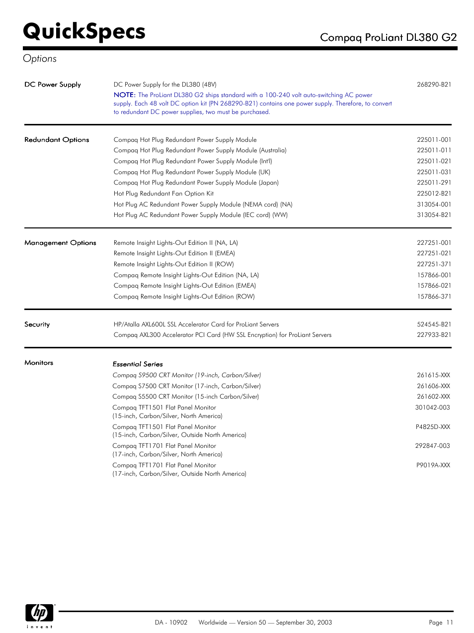 Quickspecs, Compaq proliant dl380 g2, Compaq proliant dl380 g2 options | Compaq DL380 G2 User Manual | Page 11 / 40