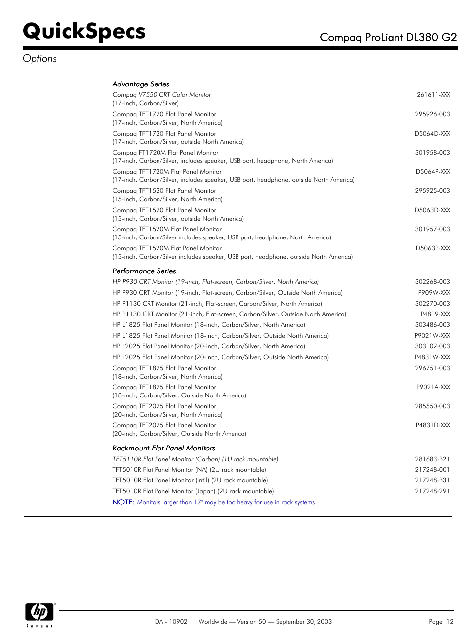 Quickspecs, Compaq proliant dl380 g2, Compaq proliant dl380 g2 options | Compaq DL380 G2 User Manual | Page 12 / 40