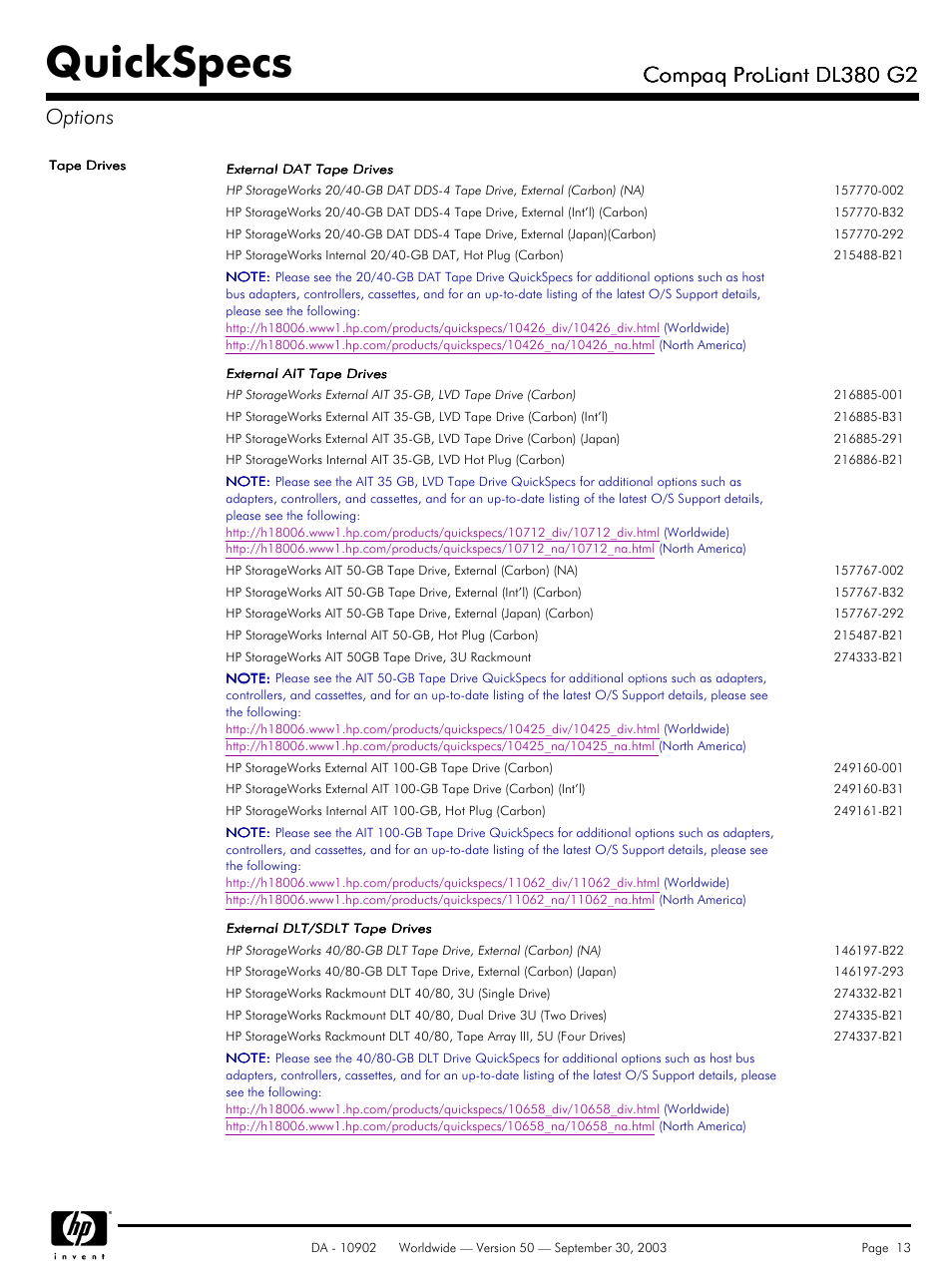 Quickspecs, Compaq proliant dl380 g2, Compaq proliant dl380 g2 options | Compaq DL380 G2 User Manual | Page 13 / 40
