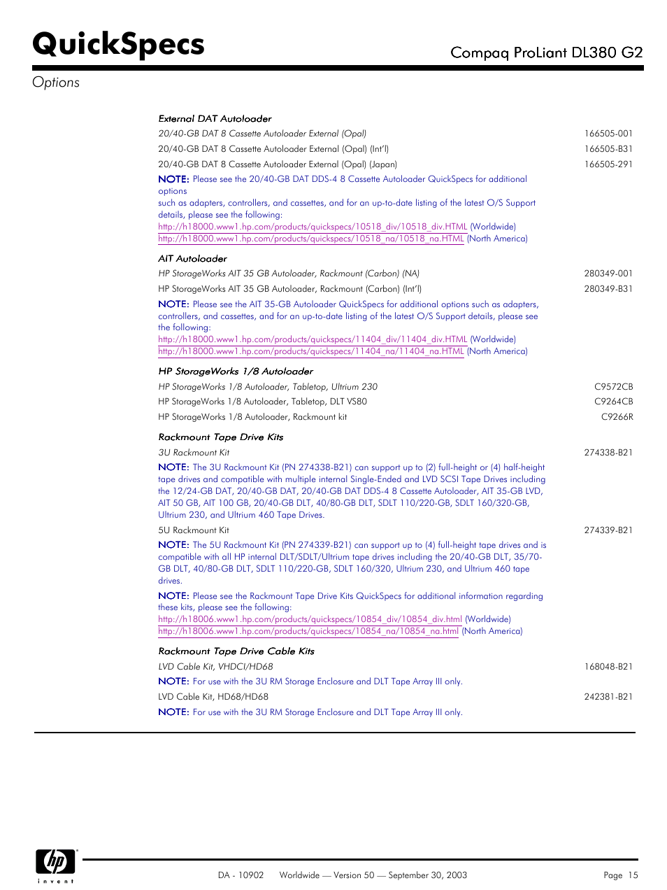 Quickspecs, Compaq proliant dl380 g2, Compaq proliant dl380 g2 options | Compaq DL380 G2 User Manual | Page 15 / 40