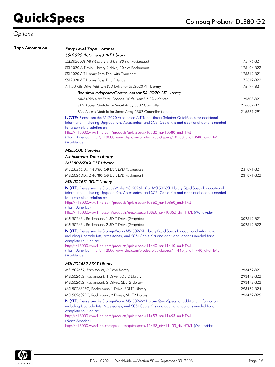 Quickspecs, Compaq proliant dl380 g2, Compaq proliant dl380 g2 options | Compaq DL380 G2 User Manual | Page 16 / 40