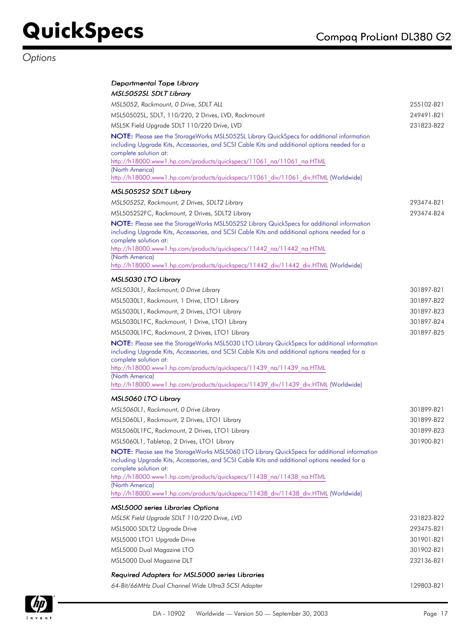 Quickspecs, Compaq proliant dl380 g2, Compaq proliant dl380 g2 options | Compaq DL380 G2 User Manual | Page 17 / 40