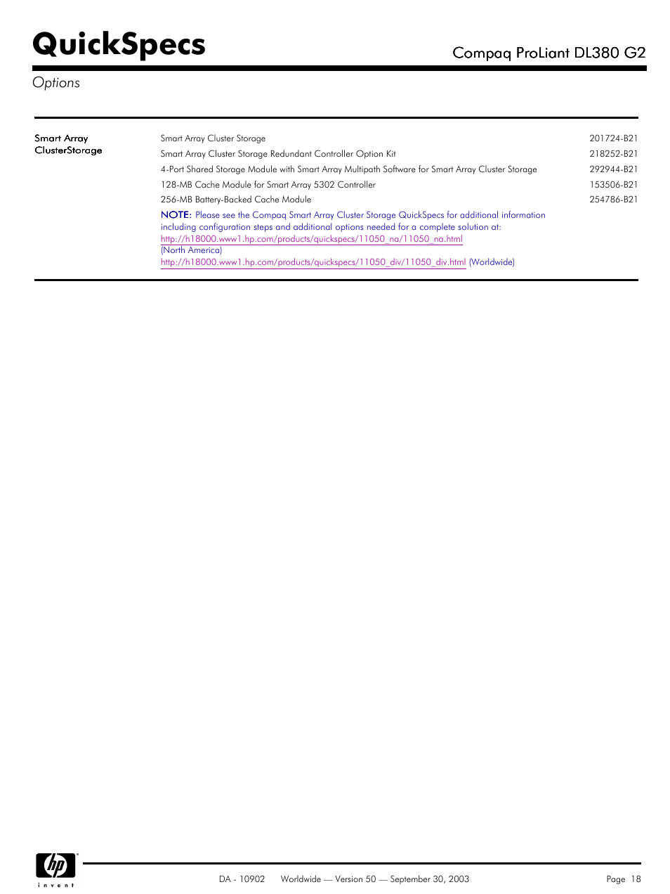 Quickspecs, Compaq proliant dl380 g2, Compaq proliant dl380 g2 options | Compaq DL380 G2 User Manual | Page 18 / 40
