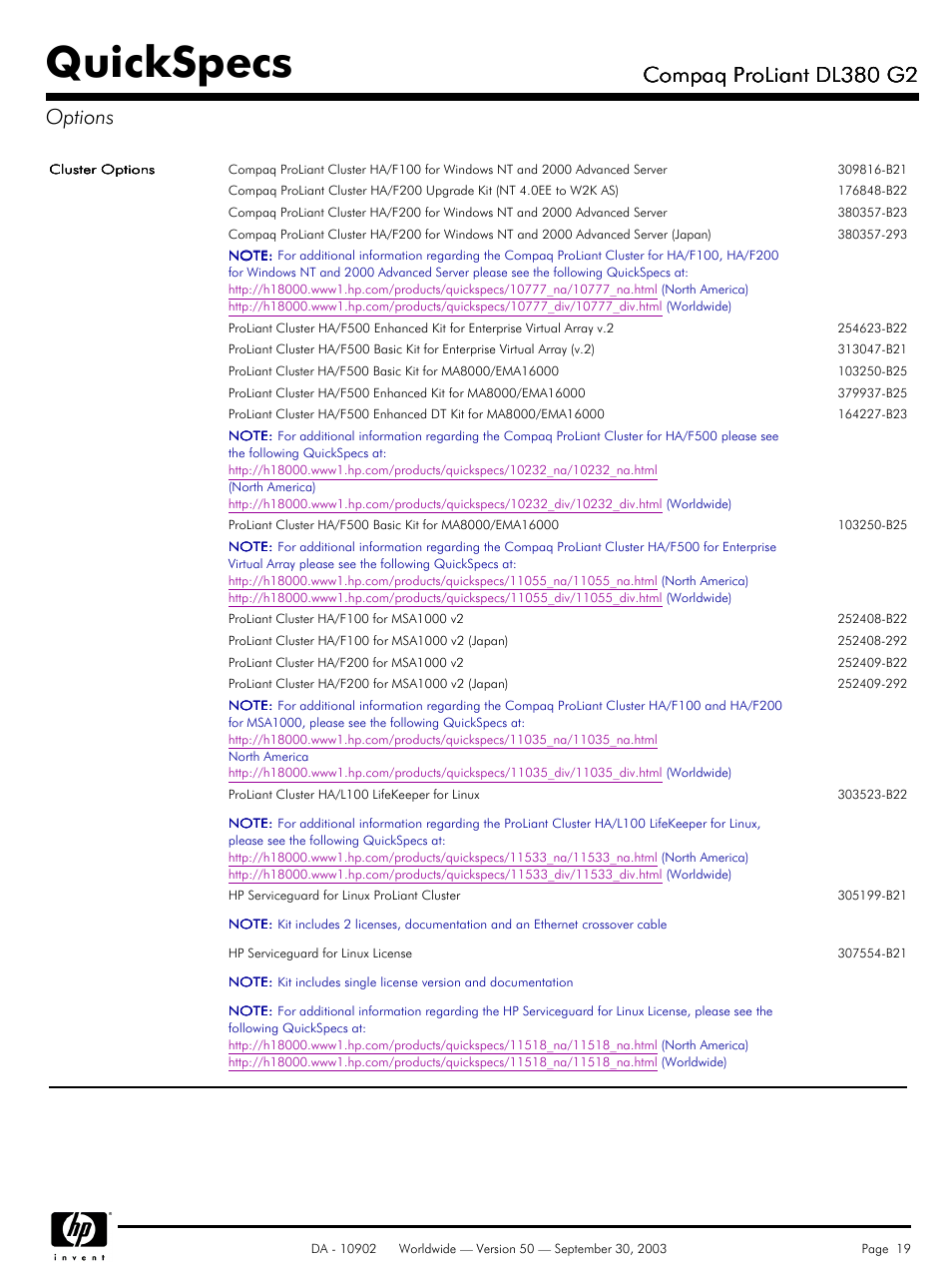 Quickspecs, Compaq proliant dl380 g2, Compaq proliant dl380 g2 options | Compaq DL380 G2 User Manual | Page 19 / 40