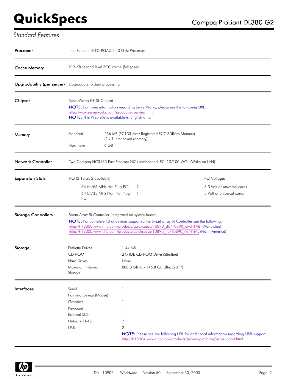 Standard features, Quickspecs, Compaq proliant dl380 g2 | Compaq proliant dl380 g2 standard features | Compaq DL380 G2 User Manual | Page 2 / 40