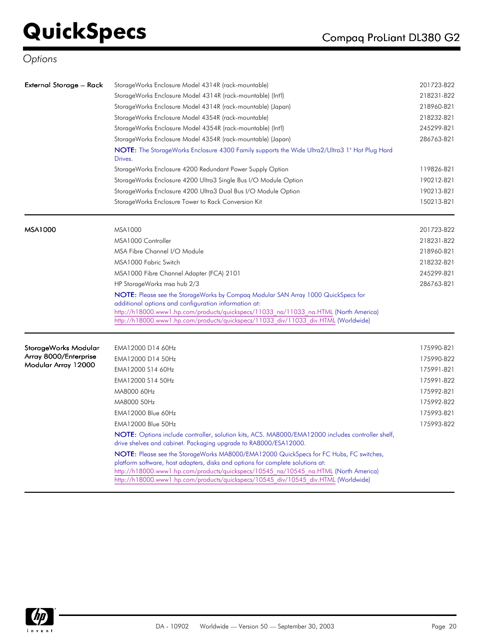 Quickspecs, Compaq proliant dl380 g2, Compaq proliant dl380 g2 options | Compaq DL380 G2 User Manual | Page 20 / 40