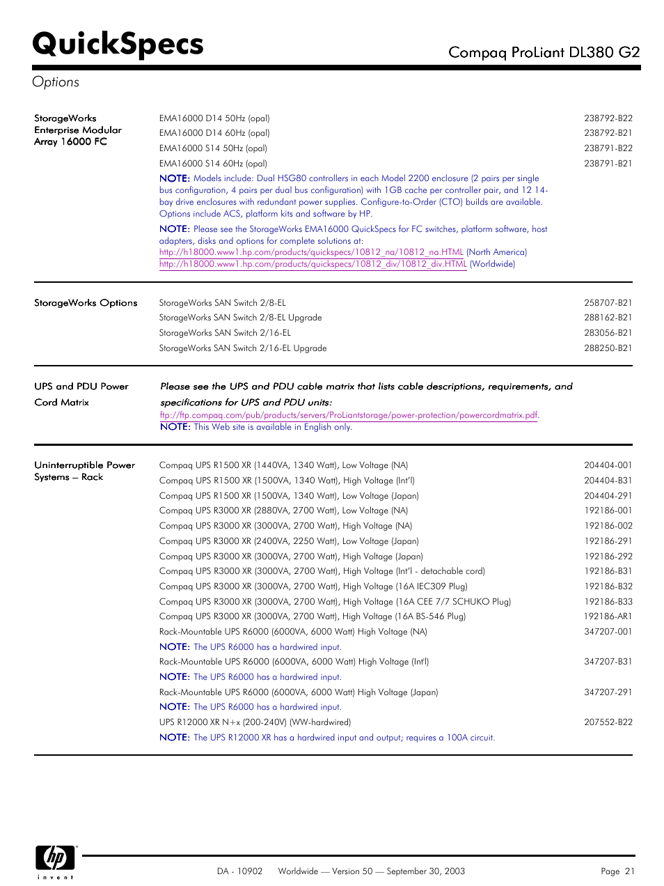 Quickspecs, Compaq proliant dl380 g2, Compaq proliant dl380 g2 options | Compaq DL380 G2 User Manual | Page 21 / 40