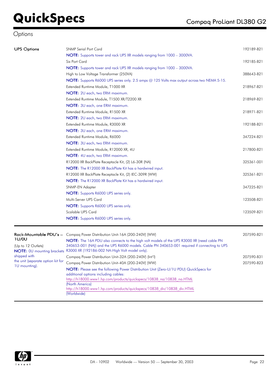 Quickspecs, Compaq proliant dl380 g2, Compaq proliant dl380 g2 options | Compaq DL380 G2 User Manual | Page 22 / 40