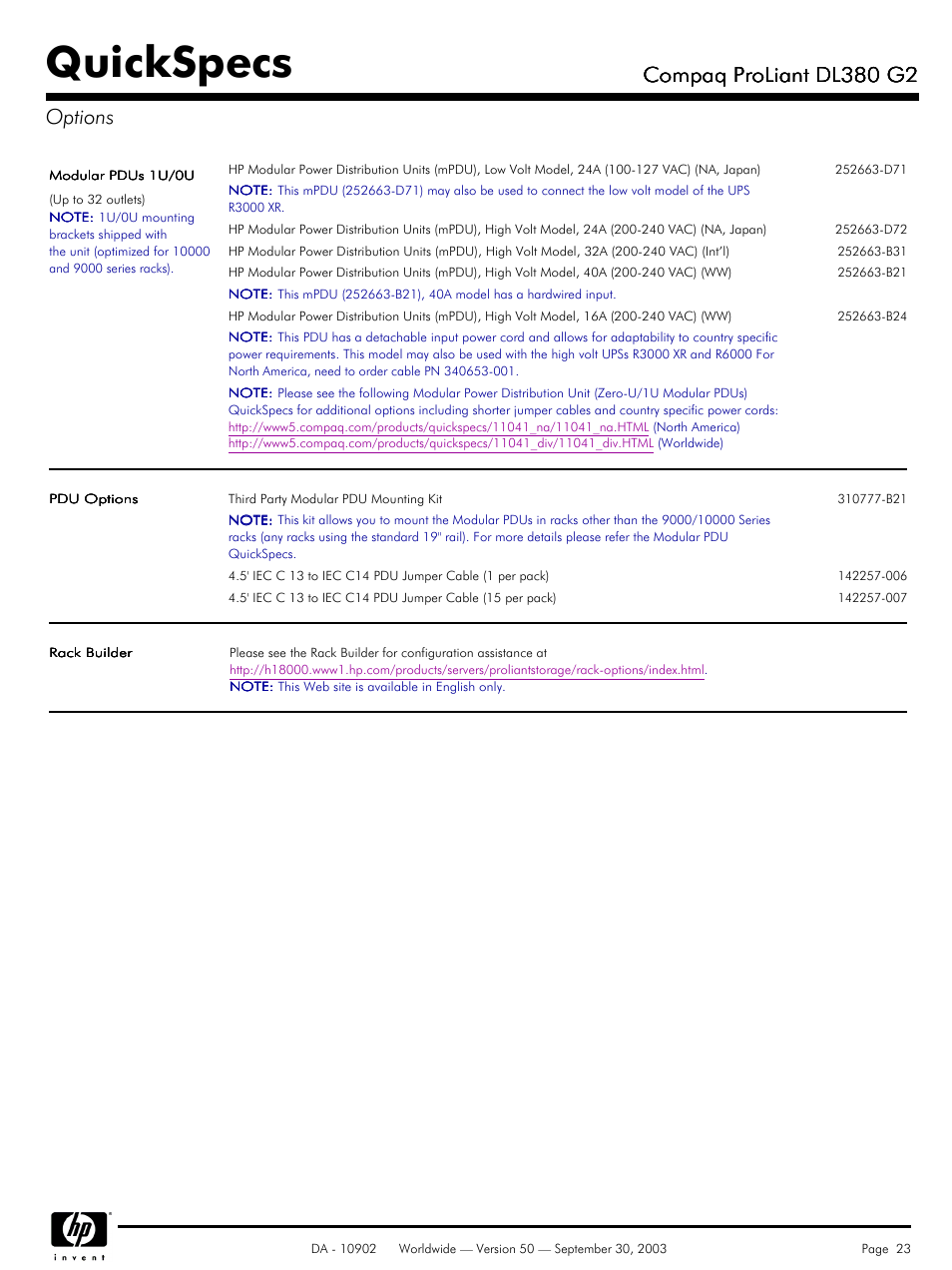 Quickspecs, Compaq proliant dl380 g2, Compaq proliant dl380 g2 options | Compaq DL380 G2 User Manual | Page 23 / 40
