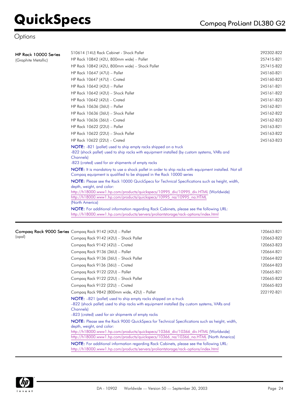 Quickspecs, Compaq proliant dl380 g2, Compaq proliant dl380 g2 options | Compaq DL380 G2 User Manual | Page 24 / 40