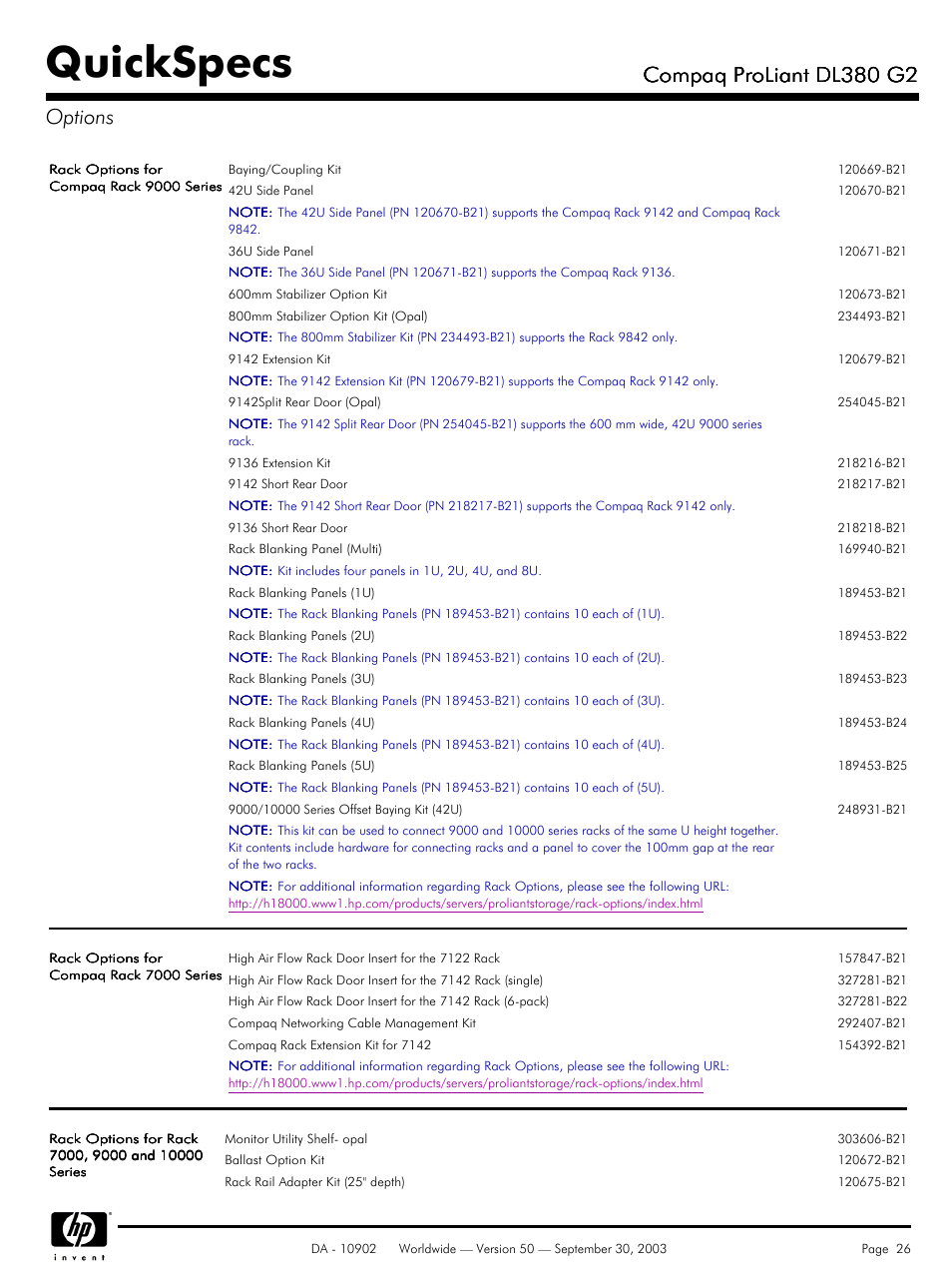 Quickspecs, Compaq proliant dl380 g2, Compaq proliant dl380 g2 options | Compaq DL380 G2 User Manual | Page 26 / 40