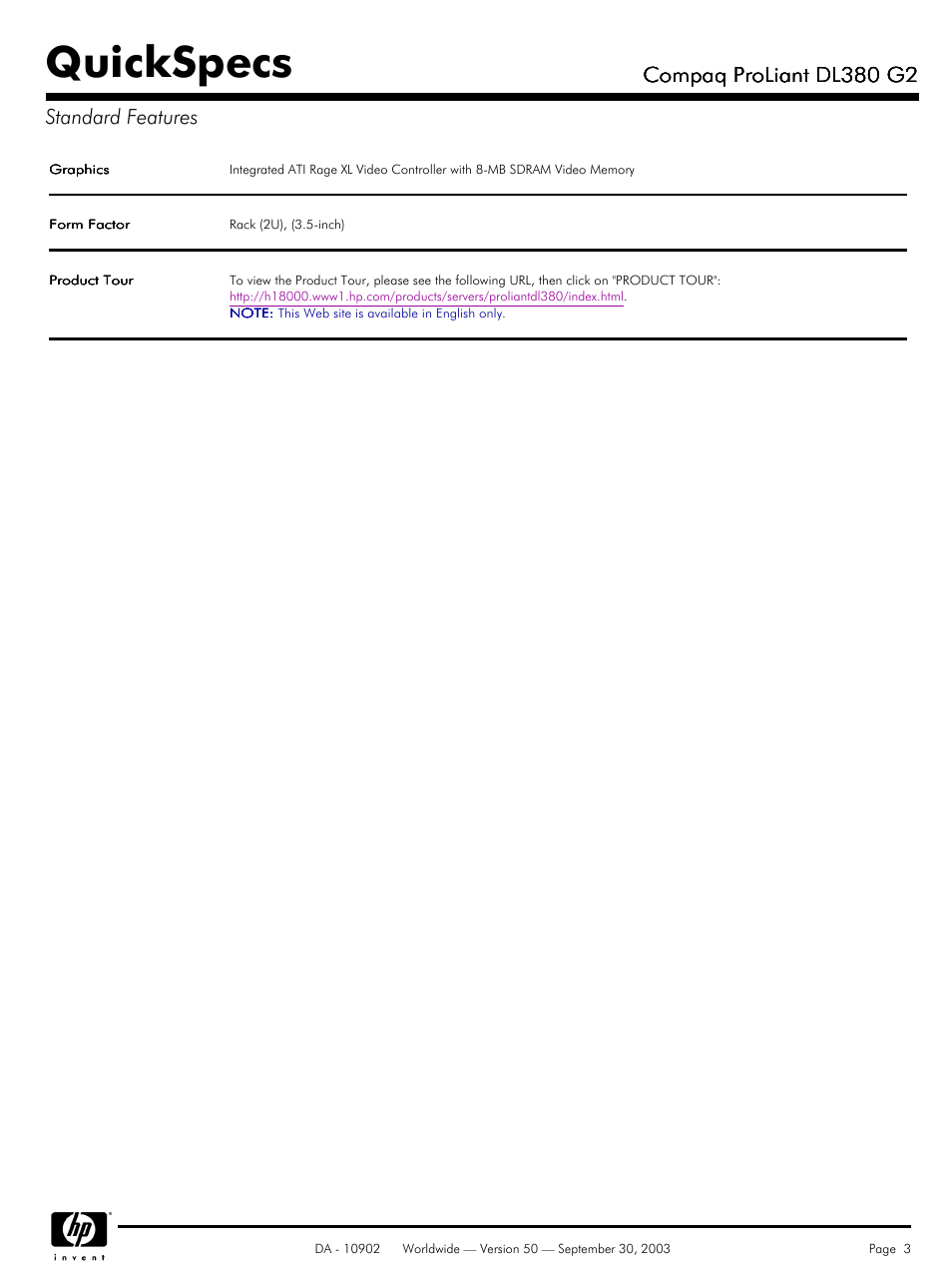 Quickspecs, Compaq proliant dl380 g2, Compaq proliant dl380 g2 standard features | Compaq DL380 G2 User Manual | Page 3 / 40