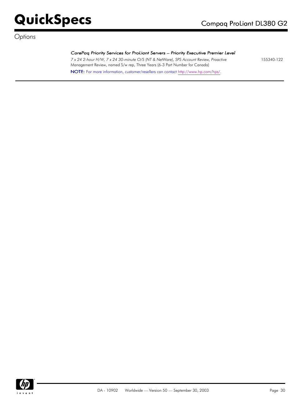 Quickspecs, Compaq proliant dl380 g2, Compaq proliant dl380 g2 options | Compaq DL380 G2 User Manual | Page 30 / 40