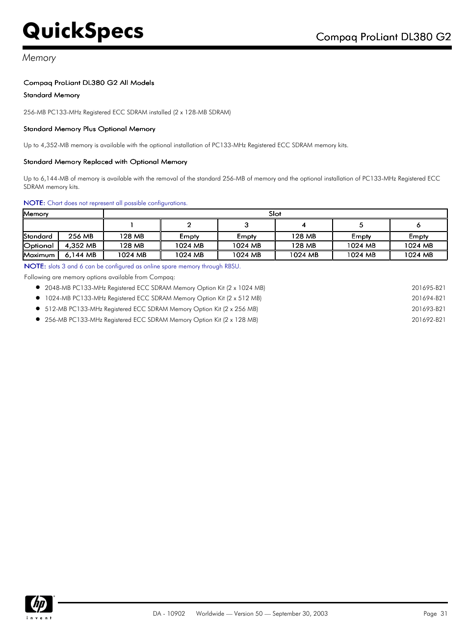 Memory, Quickspecs, Compaq proliant dl380 g2 | Compaq DL380 G2 User Manual | Page 31 / 40