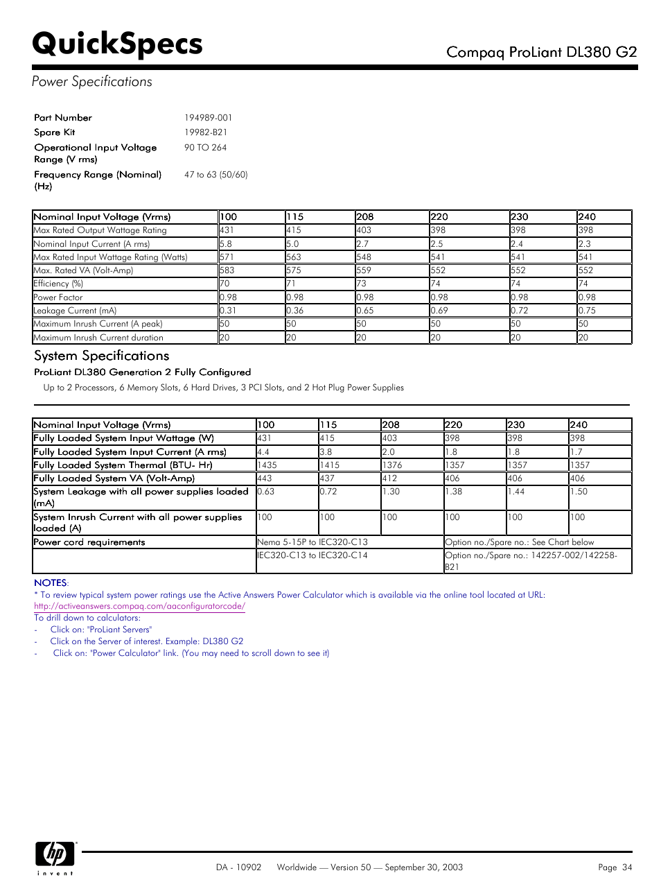 Power specifications, Quickspecs, Compaq proliant dl380 g2 | Compaq proliant dl380 g2 power specifications, System specifications | Compaq DL380 G2 User Manual | Page 34 / 40