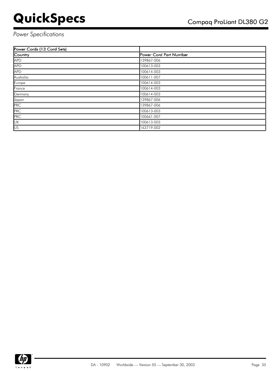 Quickspecs, Compaq proliant dl380 g2, Compaq proliant dl380 g2 power specifications | Compaq DL380 G2 User Manual | Page 35 / 40