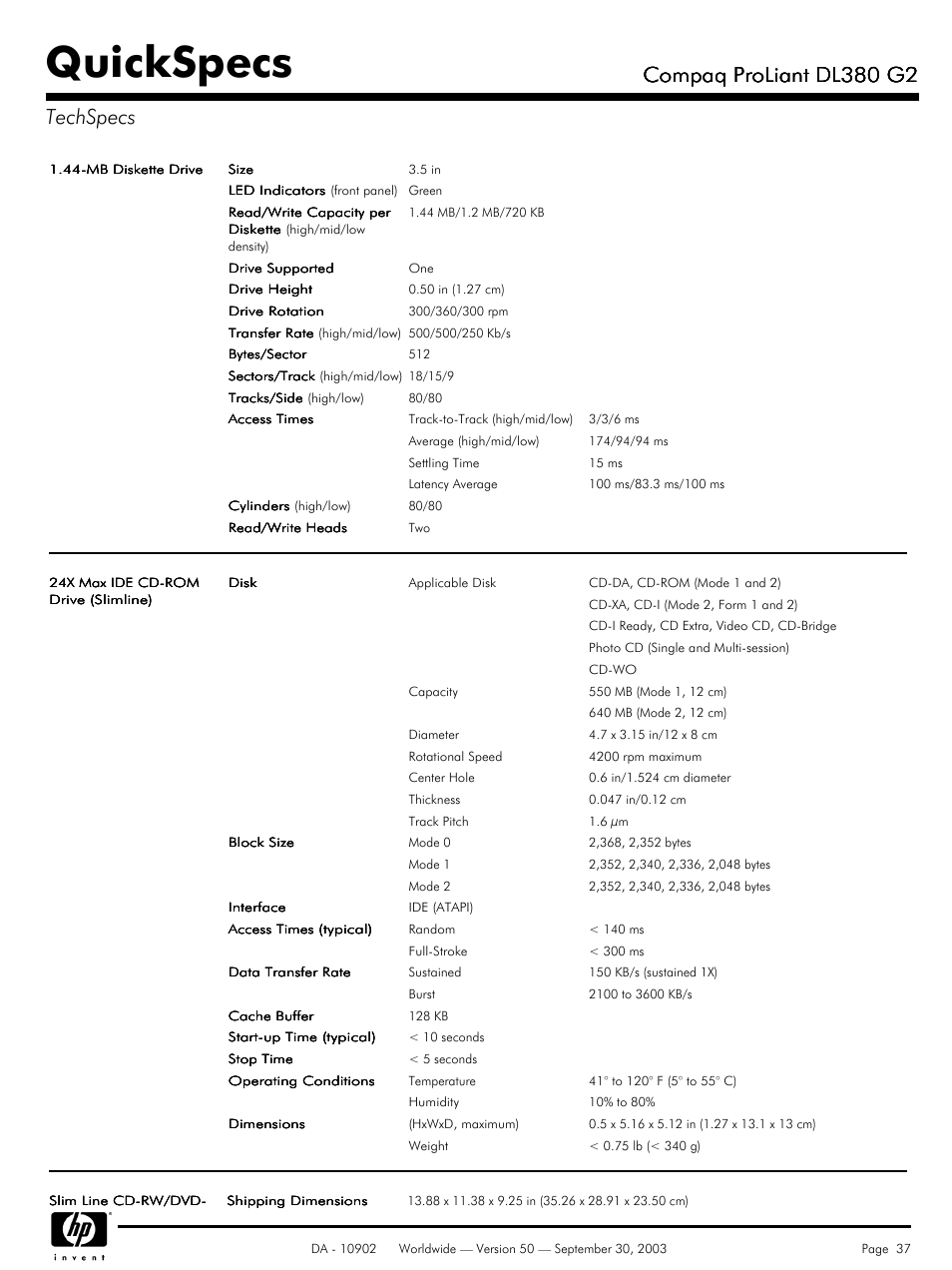 Quickspecs, Compaq proliant dl380 g2, Compaq proliant dl380 g2 techspecs | Compaq DL380 G2 User Manual | Page 37 / 40
