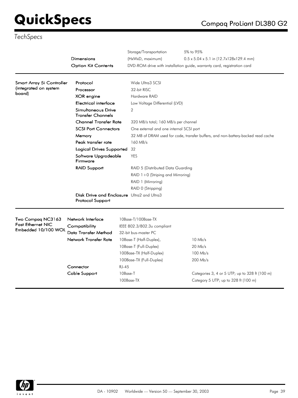 Quickspecs, Compaq proliant dl380 g2, Compaq proliant dl380 g2 techspecs | Compaq DL380 G2 User Manual | Page 39 / 40