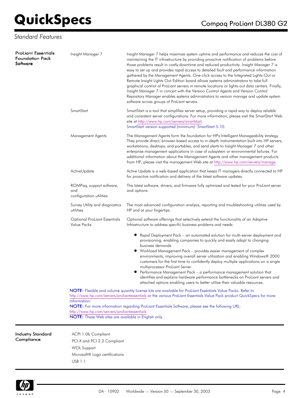 Quickspecs, Compaq proliant dl380 g2, Compaq proliant dl380 g2 standard features | Compaq DL380 G2 User Manual | Page 4 / 40