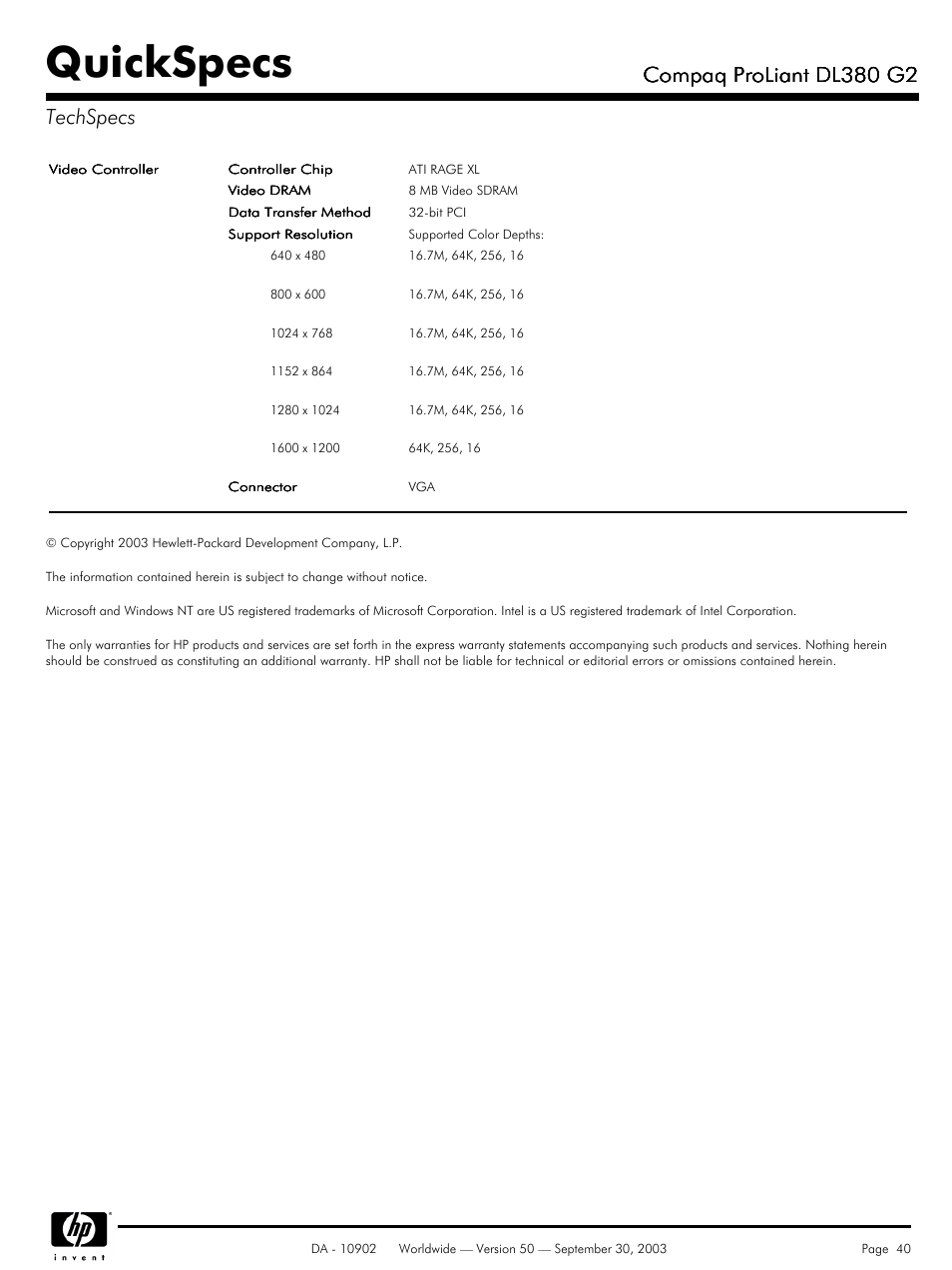Quickspecs, Compaq proliant dl380 g2, Compaq proliant dl380 g2 techspecs | Compaq DL380 G2 User Manual | Page 40 / 40