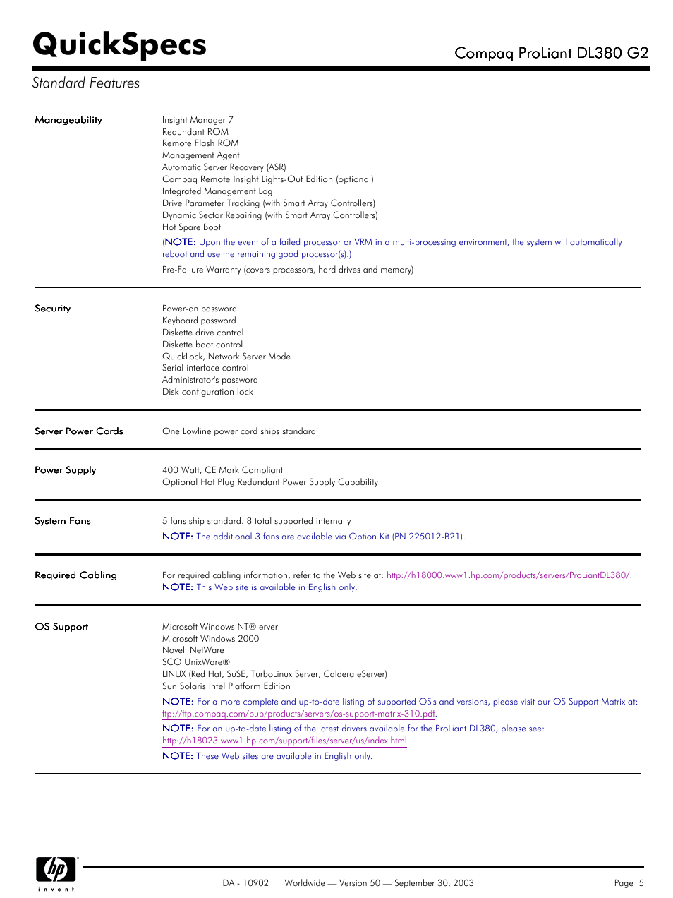 Quickspecs, Compaq proliant dl380 g2, Compaq proliant dl380 g2 standard features | Compaq DL380 G2 User Manual | Page 5 / 40