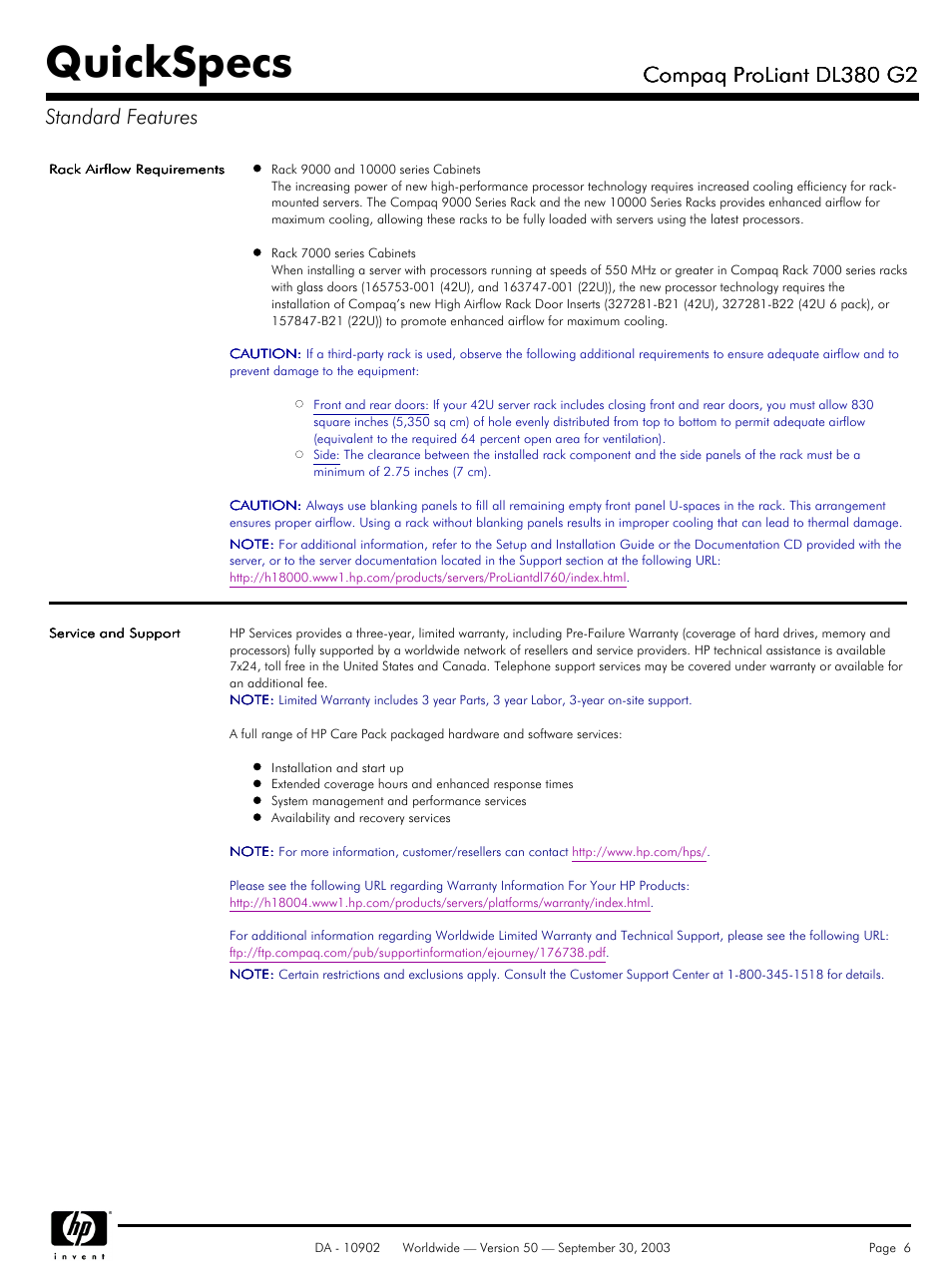 Quickspecs, Compaq proliant dl380 g2, Compaq proliant dl380 g2 standard features | Compaq DL380 G2 User Manual | Page 6 / 40