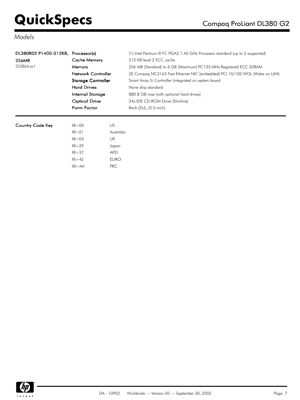 Models, Quickspecs, Compaq proliant dl380 g2 | Compaq proliant dl380 g2 models | Compaq DL380 G2 User Manual | Page 7 / 40