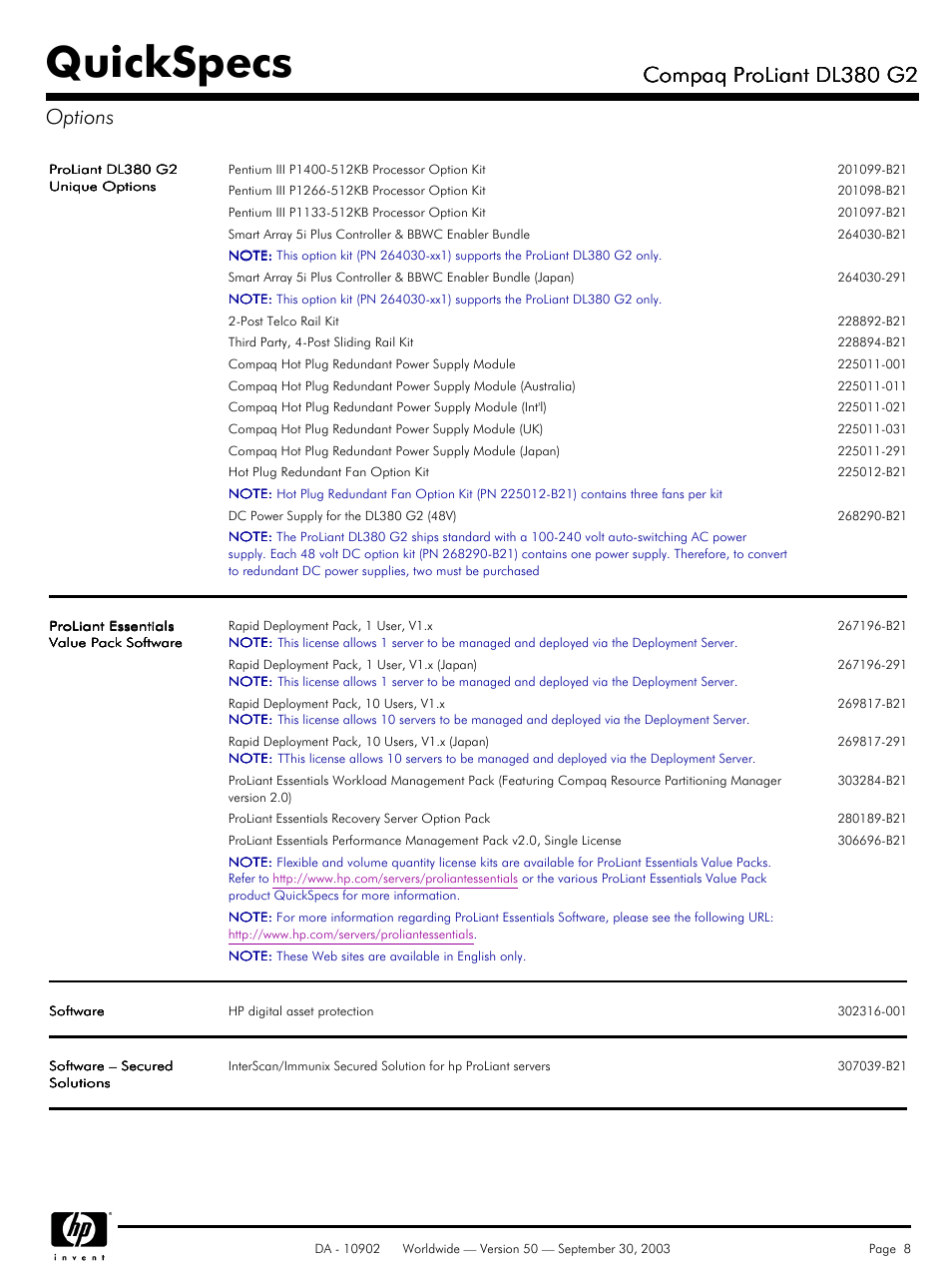 Options, Quickspecs, Compaq proliant dl380 g2 | Compaq proliant dl380 g2 options | Compaq DL380 G2 User Manual | Page 8 / 40