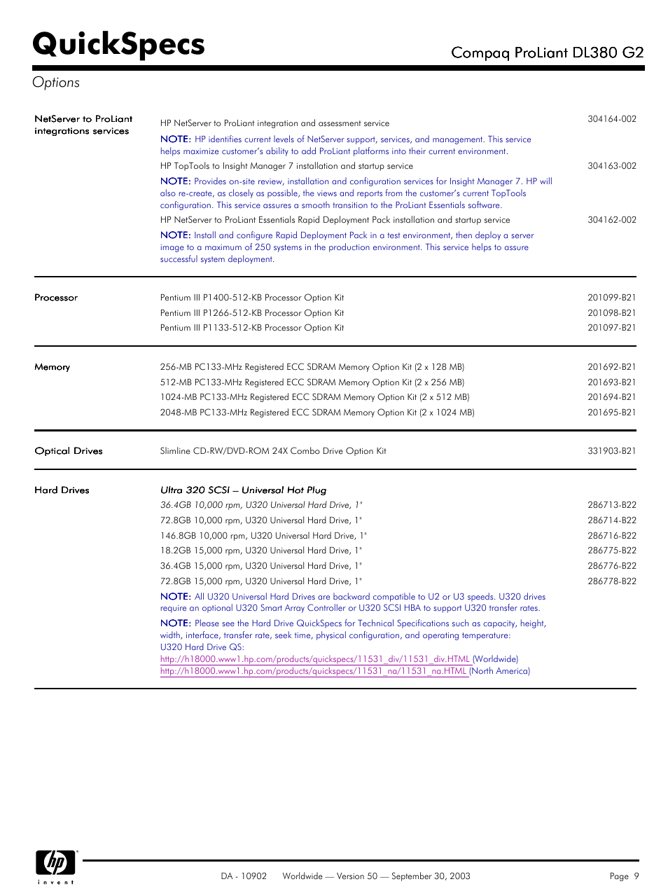 Quickspecs, Compaq proliant dl380 g2, Compaq proliant dl380 g2 options | Compaq DL380 G2 User Manual | Page 9 / 40