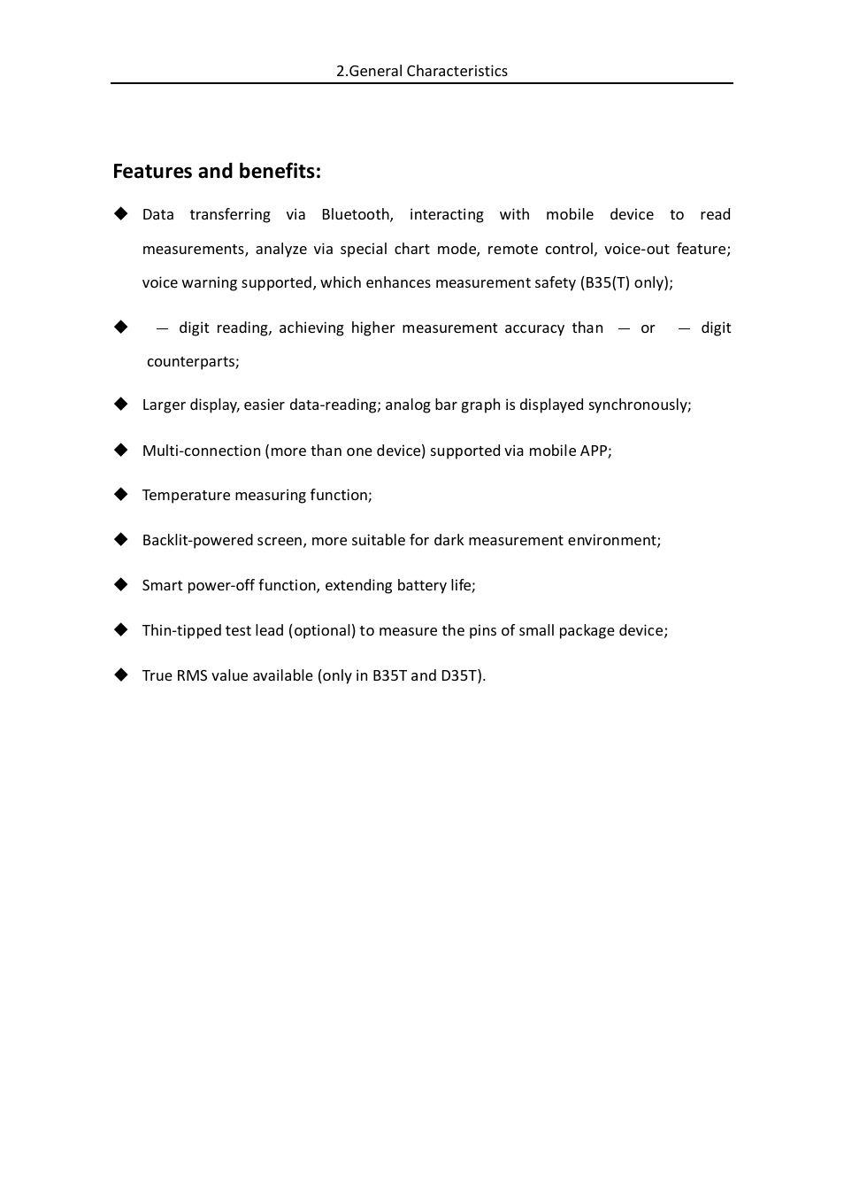 General characteristics, Features and benefits | OWON B35(T) User Manual | Page 10 / 32