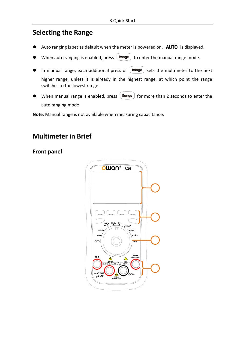 Selecting the range, Multimeter in brief, Front panel | OWON B35(T) User Manual | Page 13 / 32