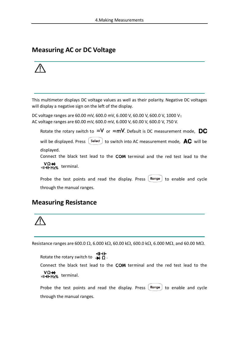 Making measurements, Measuring ac or dc voltage, Measuring resistance | 13 a | OWON B35(T) User Manual | Page 18 / 32