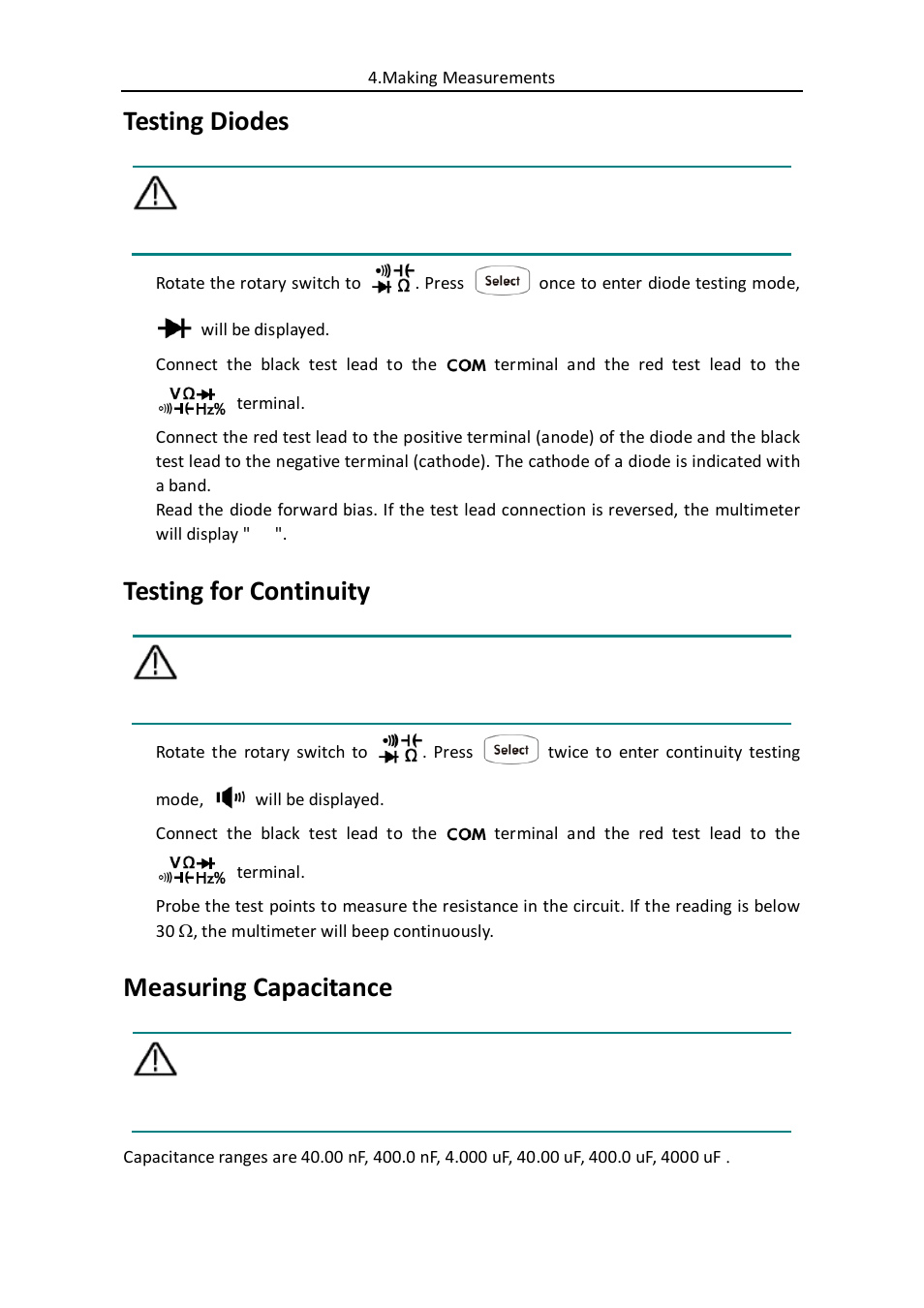 Testing diodes, Testing for continuity, Measuring capacitance | OWON B35(T) User Manual | Page 19 / 32