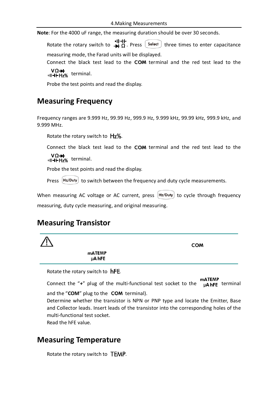 Measuring frequency, Measuring transistor, Measuring temperature | OWON B35(T) User Manual | Page 20 / 32