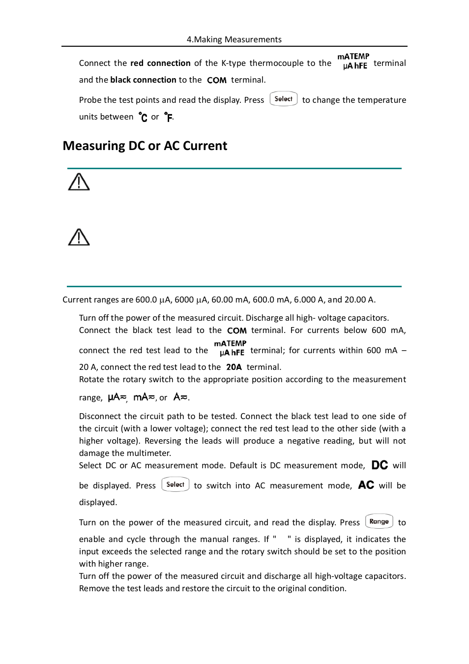 Measuring dc or ac current | OWON B35(T) User Manual | Page 21 / 32